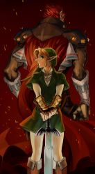 Rule 34 | 2boys, armor, back-to-back, bad id, bad pixiv id, blonde hair, blue eyes, boots, brown footwear, cape, dark-skinned male, dark skin, earrings, fingerless gloves, ganondorf, gloves, green hat, hat, height difference, highres, jewelry, knee boots, link, long sleeves, looking at viewer, male focus, master sword, multiple boys, nintendo, pants, pointy ears, profile, red hair, sheath, sheathed, shoulder pads, size difference, standing, sword, the legend of zelda, tobacco (tabakokobata), tunic, weapon
