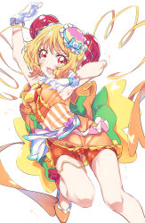 Rule 34 | 1girl, :d, armpits, arms up, blonde hair, bodysuit, breasts, cameltoe, chest jewel, covered erect nipples, cure yum-yum, delicious party precure, double bun, drill hair, erect clitoris, full body, gloves, hair bun, hat, highres, looking at viewer, magical girl, niko (tama), open mouth, precure, red eyes, simple background, small breasts, smile, solo, thigh strap, thighs, twin drills, white background, white gloves