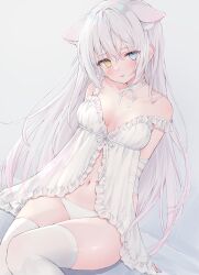 Rule 34 | 1girl, animal ears, arms behind back, babydoll, bandaged arm, bandages, bare shoulders, blue eyes, breasts, cat ears, choker, collarbone, embarrassed, extra ears, frills, heterochromia, highres, lingerie, long hair, looking at viewer, medium breasts, navel, original, panties, parted lips, ribbon choker, shano hiyori, sitting, solo, strap slip, thighhighs, thighs, underwear, underwear only, very long hair, white babydoll, white choker, white hair, white panties, white thighhighs, yellow eyes