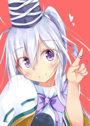 Rule 34 | 1girl, blush, bow, bowtie, closed mouth, eyes visible through hair, hair between eyes, hand on own cheek, hand on own face, hands up, hat, hat ribbon, head tilt, heart, highres, index finger raised, japanese clothes, kuzumomo, long hair, long sleeves, looking at viewer, mononobe no futo, pom pom (clothes), ponytail, purple bow, purple eyes, red background, ribbon, silver hair, simple background, sleeves past wrists, smile, solo, tate eboshi, touhou, upper body, white ribbon, wide sleeves