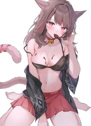 Rule 34 | 1girl, animal ears, barefoot, bell, bikini, bikini top only, blush, breasts, brown eyes, brown hair, candy, cat ears, cat tail, chocolate, chocolate heart, chocolate on body, chocolate on breasts, commentary request, facial mark, final fantasy, final fantasy xiv, food, food on body, heart, highres, long hair, looking at viewer, medium breasts, miqo&#039;te, mouth hold, multicolored hair, navel, neck bell, open clothes, open shirt, pleated skirt, red hair, sitting, skirt, solo, strap slip, streaked hair, suzumori (su2525), swimsuit, tail, valentine, wariza, warrior of light (ff14), whisker markings, white background