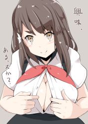 Rule 34 | 10s, 1girl, blush, breasts, brown eyes, brown hair, check translation, cleavage, female focus, gatchaman crowds, grey background, hair ornament, ichinose hajime, kichihachi, large breasts, long hair, looking at viewer, open clothes, open shirt, paizuri invitation, school uniform, shirt, simple background, skirt, smile, solo, translated, translation request, v-shaped eyebrows