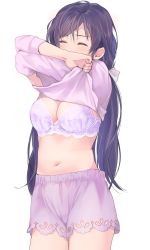 Rule 34 | 1girl, breasts, cleavage, closed eyes, clothes lift, floral print, hair ornament, hair scrunchie, highres, image sample, kate iwana, lace-trimmed shorts, lace trim, large breasts, lavender bra, lavender shirt, lavender shorts, long hair, long sleeves, love live!, love live! school idol project, navel, purple hair, scrunchie, shirt lift, shorts, simple background, sleepwear, solo, tojo nozomi, twintails, twitter sample, very long hair, white background