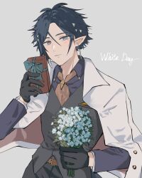Rule 34 | 1boy, arknights, aryo 77c, belt, black gloves, black pants, black vest, blue eyes, blue flower, blue hair, blue shirt, bouquet, brown belt, brown necktie, collared shirt, commentary request, flower, frown, gift, gloves, grey background, highres, holding, holding bouquet, holding gift, jacket, jacket on shoulders, looking at viewer, male focus, necktie, pants, pink jacket, pointy ears, shirt, short hair, simple background, solo, two-sided fabric, two-sided jacket, vest, white day, white jacket, zuo le (arknights)