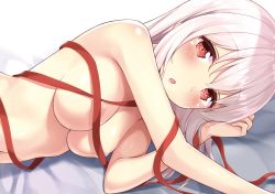 Rule 34 | 1girl, absurdres, areola slip, blush, breasts, highres, karutamo, large breasts, looking at viewer, lying, medium hair, naked ribbon, on side, original, parted lips, red eyes, ribbon, solo, tisshu (karutamo), upper body, white hair