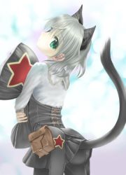Rule 34 | 00s, 1girl, animal ears, ass, black pantyhose, cat ears, cat tail, green eyes, highres, kishita, pantyhose, pillow, sanya v. litvyak, silver hair, solo, strike witches, tail, world witches series