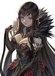 Rule 34 | absurdly long hair, absurdres, bad id, bad twitter id, black dress, black hair, black nails, breasts, bridal gauntlets, cleavage, closed mouth, cowboy shot, detached sleeves, dress, fate/apocrypha, fate/grand order, fate (series), frills, fur trim, gold trim, hair between eyes, hand up, highres, ioliteplanet, large breasts, long dress, long hair, looking at viewer, nail polish, pointy ears, semiramis (fate), solo, spikes, very long hair, yellow eyes
