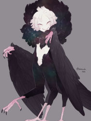 Rule 34 | 1girl, animal hands, artist name, bird girl, bird tail, bird wings, black feathers, black wings, claws, closed eyes, closed mouth, facing viewer, feather hair, feathered wings, feathers, full body, grey background, highres, monster girl, neck fur, original, pale skin, short hair, simple background, smile, solo, standing, tail, taur, twitter username, white hair, winged arms, wings, yamanobe saya
