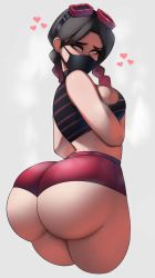 Rule 34 | 1girl, ass, black hair, short shorts, braid, braided ponytail, breasts, face mask, fortnite, goggles, goggles on head, green eyes, heart, highres, huge ass, jules (fortnite), large breasts, looking back, mask, multicolored hair, postblue98, red hair, short shorts, shorts, solo, streaked hair, tank top, twin braids, twintails