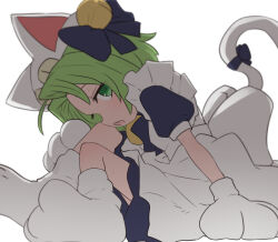 Rule 34 | 1girl, animal hat, apron, bell, blue bow, blue dress, bow, cat hat, cat tail, dejiko, di gi charat, dress, fang, from side, green eyes, green hair, hair bell, hair bow, hair ornament, hat, jingle bell, looking at viewer, mittens, open mouth, paw shoes, profile, sideways glance, simple background, sitting, solo, sumiyao (amam), tail, white apron, white background, white mittens