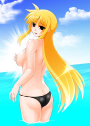 Rule 34 | 1girl, ass, bikini, bikini bottom only, black bikini, blonde hair, blush, breasts, butt crack, covering privates, covering breasts, fate testarossa, female focus, large breasts, long hair, looking at viewer, looking back, lyrical nanoha, mahou shoujo lyrical nanoha strikers, ocean, open mouth, outdoors, red eyes, shiny skin, sky, smile, solo, standing, swimsuit, topless