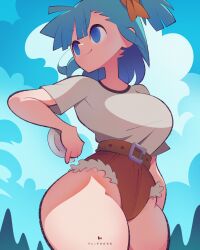 Rule 34 | 1girl, arm at side, artist name, bare hips, belt, blue eyes, blue hair, blue sky, breasts, brown belt, brown shorts, bulma, closed mouth, cowboy shot, day, dragon ball, dragon ball (classic), eyebrows, female focus, flipherrrr, from side, grey shirt, hand up, highleg, highleg shorts, highres, large breasts, long hair, looking afar, looking to the side, matching hair/eyes, no pupils, one side up, outdoors, shirt, short sleeves, shorts, sky, smile, solo, t-shirt