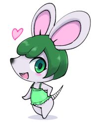 Rule 34 | 1girl, animal crossing, animal ears, animal nose, blush, body fur, bree (animal crossing), camisole, commentary request, contrapposto, full body, furry, furry female, green camisole, green eyes, green hair, grey fur, hand on own hip, heart, mouse (animal), mouse ears, mouse girl, mouse tail, nintendo, nollety, open mouth, short hair, simple background, snout, solo, standing, tail