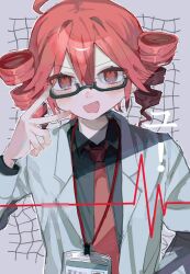 1girl ahoge arm_behind_back black_shirt blush censored collared_shirt drill_hair glasses grey_background grid_background hand_up highres id_card igaku_(utau) kasane_teto lab_coat lanyard long_sleeves looking_at_viewer mosaic_censoring necktie open_mouth oqo_808 red_eyes red_necktie semi-rimless_eyewear shirt short_hair smile solo twin_drills upper_body utau v v-shaped_eyebrows