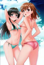 Rule 34 | 2020, 20s, 2girls, absurdres, armpits, arms behind head, arms up, ass, bare back, bare shoulders, bikini, black hair, blue sky, blush, breasts, brown eyes, brown hair, cloud, cloudy sky, day, hair ornament, highres, isshi pyuma, long hair, looking at viewer, matching hair/eyes, medium breasts, medium hair, misaka mikoto, multiple girls, navel, open mouth, outdoors, saten ruiko, shoulder blades, sideboob, sky, small breasts, standing, stomach, swimsuit, toaru kagaku no railgun, toaru majutsu no index