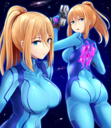Rule 34 | 1girl, artist request, ass, blonde hair, blue bodysuit, blue eyes, bodysuit, breasts, galaxy, gun, hairband, highres, holding, holding weapon, long hair, looking at viewer, looking back, metroid, nintendo, ponytail, samus aran, skin tight, solo, space, star (sky), thighs, weapon, zero suit