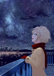 Rule 34 | 1girl, beige jacket, blonde hair, blue eyes, blush, character request, commentary request, copyright request, from side, highres, jacket, lights, looking up, night, night sky, outdoors, red scarf, ryotarou (seyana), scarf, short hair, sky, smile, solo, standing, star (sky), starry sky