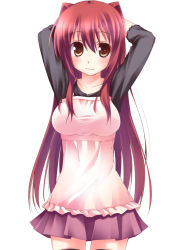 Rule 34 | 1girl, arms up, black skirt, blush, breasts, casual, female focus, hisae (hisae collect), kousaka tamaki, long hair, looking at viewer, miniskirt, pleated skirt, red hair, simple background, skirt, solo, thighhighs, to heart (series), to heart 2, white background, yellow eyes