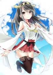 Rule 34 | 10s, 1girl, bare shoulders, black hair, black thighhighs, blue sky, blush, boots, breasts, brown eyes, cloud, detached sleeves, hair ornament, hairband, haruna (kancolle), headgear, highres, japanese clothes, kantai collection, long hair, miko, ocean, personification, ribbon-trimmed sleeves, ribbon trim, skirt, sky, solo, thigh boots, thighhighs, tika (mika4975), water