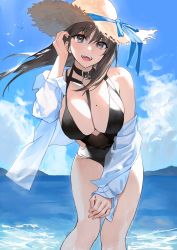 Rule 34 | 1girl, absurdres, beach, black hair, black one-piece swimsuit, breasts, brown eyes, cleavage, comeo (komeo15), hat, highres, large breasts, leaning forward, long hair, looking at viewer, mole, mole on breast, ocean, one-piece swimsuit, original, outdoors, shirt, smile, solo, sun hat, swimsuit, wading, white shirt, wind, wind lift