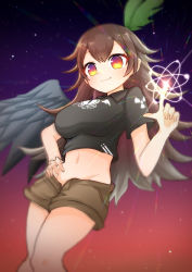 Rule 34 | 1girl, absurdres, alternate costume, atom, bird wings, black shirt, black wings, blush, bow, breasts, brown eyes, brown hair, brown shorts, closed mouth, collared shirt, crop top, feet out of frame, green bow, groin, hair bow, hand on own hip, highres, large breasts, long hair, looking at viewer, midriff, navel, radiation symbol, reiuji utsuho, shiki karin, shirt, short shorts, short sleeves, shorts, single wing, smile, solo, touhou, wings