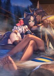 Rule 34 | 2girls, animal ears, barefoot, bastet (echocalypse), bird ears, black dress, black thighhighs, blonde hair, blue-framed eyewear, blue bra, blue hair, blue nails, blue panties, bra, breasts, brown hair, cat ears, cat girl, cleavage, closed mouth, colored inner hair, commentary, crossed legs, dark-skinned female, dark skin, dress, ear piercing, echocalypse, facial mark, feet, fingernails, forehead mark, forehead tattoo, glasses, gold trim, green eyes, hair ribbon, hand on another&#039;s chin, highres, horus (echocalypse), large breasts, long fingernails, long hair, looking at viewer, multicolored hair, multiple girls, nail polish, night, onsen, open clothes, open shirt, panties, parted bangs, piercing, red ribbon, ribbon, rotix, sharp toenails, shirt, short hair with long locks, sitting, soles, steam, streaked hair, thighhighs, toenails, toes, underwear, usekh collar, vambraces, very long hair, water, white shirt, wide sleeves, yellow nails