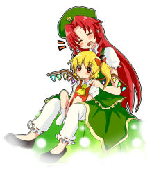 Rule 34 | 2girls, ^^^, aged down, ascot, bad id, bad pixiv id, beret, blonde hair, blush, braid, child, china dress, chinese clothes, dress, embodiment of scarlet devil, female focus, flandre scarlet, full body, hair ornament, hair ribbon, hat, height difference, hong meiling, long hair, multiple girls, no headwear, puffy short sleeves, puffy sleeves, pun2, red eyes, red hair, ribbon, short hair, short sleeves, side ponytail, simple background, sitting, touhou, twin braids, very long hair, white background, wings