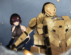 Rule 34 | 1girl, aegis (girls&#039; frontline), blood, breasts, commission, cuts, darkpulsegg, girls&#039; frontline, gradient hair, highres, injury, medium breasts, multicolored hair, parted lips, pink-tinted eyewear, projectile trail, ripper (girls&#039; frontline), robot, sangvis ferri, scratches, shield, short hair, tinted eyewear, torn clothes, visor