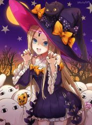 Rule 34 | 1girl, abigail williams (fate), absurdres, black bow, black cat, black dress, blonde hair, blue eyes, blush, bow, breasts, candy, cat, dress, fate/grand order, fate (series), food, forehead, hair bow, halloween, hat, highres, kachin, lollipop, long hair, looking at viewer, medjed (fate), multiple bows, open mouth, orange bow, parted bangs, ribbed dress, sidelocks, small breasts, smile, witch hat