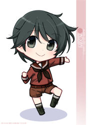 Rule 34 | 1girl, artist name, black footwear, black hair, black neckerchief, boots, brown sailor collar, brown serafuku, brown shirt, brown shorts, character name, chibi, cross-laced footwear, green eyes, highres, inaba shiki, kantai collection, lace-up boots, long sleeves, looking at viewer, mogami (kancolle), neckerchief, sailor collar, school uniform, serafuku, shirt, short hair, shorts, simple background, smile, solo, standing, white background
