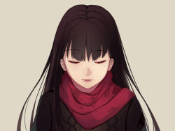Rule 34 | 1girl, :d, beige background, black hair, black sweater, closed eyes, facing viewer, itachi kanade, long hair, open mouth, original, red scarf, scarf, simple background, smile, solo, straight hair, sweater, teeth, upper body
