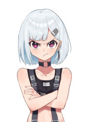 Rule 34 | 1girl, :/, absurdres, closed mouth, earrings, frown, glaring, grey hair, hair ornament, hairclip, highres, jewelry, looking at viewer, medium hair, o-ring collar, original, pink eyes, scowl, simple background, single earring, solo, taiga (ryukyu-6102-8), tank top, white background