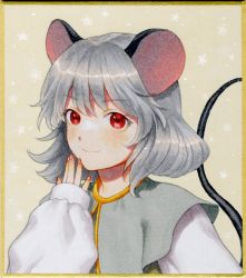 Rule 34 | 1girl, animal ears, capelet, grey hair, kageharu, long sleeves, marker (medium), mouse (animal), mouse ears, mouse tail, nail polish, nazrin, red eyes, red nails, shikishi, short hair, snowflakes, solo, tail, touhou, traditional media