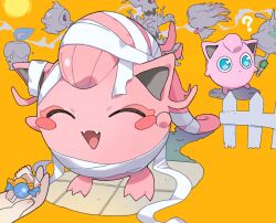 1other :d ? absurdres bandages blue_eyes candy_wrapper closed_eyes closed_mouth commentary_request creatures_(company) duskull fangs fence game_freak gen_1_pokemon gen_2_pokemon gen_3_pokemon gen_5_pokemon gen_6_pokemon halloween highres holding jigglypuff litwick misdreavus nintendo open_mouth pokemon pokemon_(creature) pretty-purin720 scream_tail smile tongue trevenant