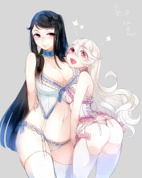 Rule 34 | 2girls, ass, babydoll, bare shoulders, black hair, blush, breasts, choker, cleavage, corrin (female) (fire emblem), corrin (fire emblem), corset, curly hair, fang, fire emblem, fire emblem fates, garter straps, grey background, hairband, highres, hug, large breasts, long hair, looking at viewer, mature female, mikoto (fire emblem), mole, mole under mouth, mother and daughter, multiple girls, navel, negiwo, nintendo, open mouth, panties, pointy ears, red eyes, simple background, smile, standing, thighhighs, underwear, very long hair, white legwear, white panties