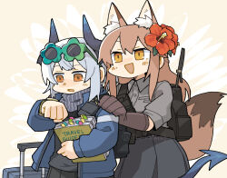 Rule 34 | 2girls, animal ear fluff, animal ears, arknights, backpack, bag, black shirt, blue jacket, blush, book, bookmark, brown gloves, brown hair, chibi, commentary request, cowboy shot, demon girl, demon horns, demon tail, excited, eyewear on head, flower, flower-shaped eyewear, fox ears, fox girl, fox tail, franka (arknights), gloves, grey hair, grey shirt, hair flower, hair ornament, hibiscus, highres, holding, holding book, horns, jacket, konno akikaze, liskarm (arknights), long hair, looking down, multiple girls, nervous, open mouth, orange eyes, red flower, shirt, short hair, simple background, smile, suitcase, sunglasses, tail, twitter username, watch, wristwatch, yellow background, yellow eyes