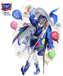 Rule 34 | 1boy, absurdres, arm up, balloon, belt, blue coat, blue feathers, blue footwear, blue hair, blue shirt, blue shorts, boots, candy, coat, earrings, feathers, food, full body, harp, hat, hat feather, highres, instrument, jewelry, long sleeves, one eye closed, original, personification, print coat, rinotuna, shadow, shirt, shorts, solo, standing, thighhighs, white thighhighs, wide brim