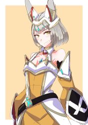 Rule 34 | 1girl, absurdres, aged up, animal ears, belt, blunt bangs, blush, breasts, cat ears, chest jewel, commentary request, facial mark, grey hair, highres, looking at viewer, nia (queen) (xenoblade), nia (xenoblade), short hair, simple background, small breasts, smile, solo, to (tototo tk), xenoblade chronicles (series), xenoblade chronicles 3, yellow eyes