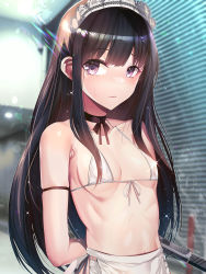 Rule 34 | 1girl, apron, arm strap, armpits, arms behind back, bare arms, bare shoulders, bikini, black bow, black choker, black hair, bow, breasts, choker, closed mouth, collarbone, commentary request, front-tie bikini top, front-tie top, highres, holding, holding weapon, inoue takina, long hair, lycoris recoil, maid, maid headdress, micro bikini, purple eyes, revision, sidelocks, silly (marinkomoe), small breasts, solo, suppressor, swimsuit, upper body, weapon, white apron, white headdress