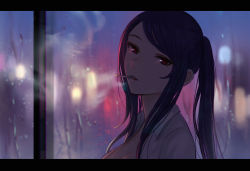 Rule 34 | 1girl, breasts, chinese commentary, cigarette, cleavage, collarbone, commentary, commentary request, highres, indoors, jill stingray, large breasts, letterboxed, long hair, looking at viewer, night, parted lips, ponytail, purple eyes, rain, red eyes, selcky, shirt, smoking, solo, upper body, va-11 hall-a, white shirt, window