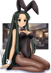 Rule 34 | 1girl, absurdres, alternate costume, animal ears, black bow, black bowtie, black footwear, black hairband, black leotard, bow, bowtie, breasts, brown pantyhose, closed mouth, commentary request, cosplay, couch, detached collar, fake animal ears, forehead, full body, green hair, gurobeya, hairband, high heels, highres, indoors, large breasts, leotard, lips, long hair, looking at viewer, pantyhose, playboy bunny, rabbit ears, revealing clothes, seiza, shadow, simple background, sitting, smile, solo, suzumiya haruhi no yuuutsu, tsuruya, very long hair, white background, wrist cuffs