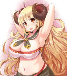 Rule 34 | 10s, 1girl, ahoge, anila (granblue fantasy), armpits, arms behind head, arms up, bandeau, blonde hair, blush, breasts, brown eyes, cleavage, draph, eyebrows, female focus, gradient background, granblue fantasy, highres, horns, kawase seiki, large breasts, long hair, looking at viewer, midriff, navel, open mouth, plump, sailor collar, sheep horns, short eyebrows, smile, solo, strapless, tube top, very long hair