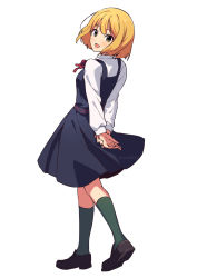 Rule 34 | 1girl, :d, arms behind back, asada hachi, banned artist, black footwear, blonde hair, blue dress, blush, breasts, commentary, dress, full body, green eyes, green socks, happy, highres, kneehighs, loafers, long sleeves, looking at viewer, looking back, open mouth, own hands together, pinafore dress, school uniform, shirt, shoes, short hair, simple background, sleeveless, sleeveless dress, small breasts, smile, socks, solo, standing, tamako market, tokiwa midori, twitter username, watermark, white background, white shirt