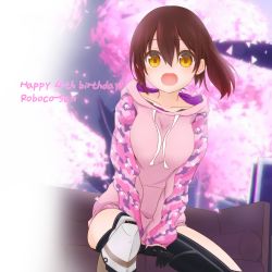 Rule 34 | 1girl, :d, android, brown hair, camouflage, character name, collarbone, feet out of frame, gradient hair, happy birthday, highres, hololive, hood, hoodie, light blush, mechanical arms, mechanical legs, multicolored hair, no pants, nogi (nogi238), open mouth, pink hoodie, ponytail, roboco-san, roboco-san (hoodie), sitting, smile, solo, virtual youtuber, yellow eyes