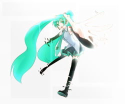 Rule 34 | 1girl, aqua eyes, aqua hair, bad id, bad pixiv id, detached sleeves, digital dissolve, female focus, foreshortening, full body, hatsune miku, hatsune miku no shoushitsu (vocaloid), headset, highres, kagexxx, legs, long hair, necktie, outstretched arms, outstretched hand, pixels, reaching, skirt, solo, thighhighs, twintails, vocaloid, white background, zettai ryouiki
