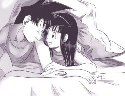 Rule 34 | 1boy, 1girl, arm support, bad id, bad twitter id, bed, bed sheet, black eyes, black hair, chi-chi (dragon ball), chi (cmon 57), collarbone, couple, dragon ball, eye contact, eyelashes, face-to-face, fingernails, greyscale, hair down, hand on another&#039;s arm, hand on another&#039;s shoulder, happy, hetero, long hair, looking at another, lying, monochrome, muscular, muscular male, on bed, on stomach, open mouth, profile, shade, simple background, sleepwear, smile, son goku, spiked hair, tank top, under covers, white background