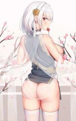 Rule 34 | 1girl, absurdres, ass, azur lane, blush, braid, breast curtains, breasts, candy, china dress, chinese clothes, covered erect nipples, dress, food, from behind, hair between eyes, hair ornament, highres, holding, holding food, jean.organ, large breasts, licking, lollipop, looking at viewer, looking back, petals, red eyes, revealing clothes, see-through, short hair, sideboob, sirius (azur lane), sirius (azure horizons) (azur lane), solo, thighhighs, thighs, white hair, white thighhighs