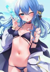 Rule 34 | 1girl, ;o, arm strap, bad id, bad twitter id, bikini, blue bikini, blue choker, blue eyes, blue hair, blue nails, blush, bottle, bottle to cheek, bracelet, breasts, choker, earrings, hair bun, hair ribbon, highres, holding, holding bottle, hololive, hoshimachi suisei, hoshimachi suisei (school uniform), jacket, jewelry, long hair, looking at viewer, nail polish, namagome negi, navel, off shoulder, one eye closed, open clothes, open jacket, parted lips, revision, ribbon, single side bun, small breasts, solo, standing, star (symbol), star in eye, stomach, swimsuit, symbol in eye, virtual youtuber, water bottle, white jacket
