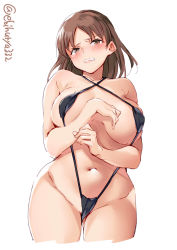 Rule 34 | 1girl, black one-piece swimsuit, blush, breasts, brown eyes, brown hair, chiyoda (kancolle), clenched teeth, covered erect nipples, cowboy shot, criss-cross halter, cropped legs, curvy, ebifurya, embarrassed, from below, gluteal fold, groin, halterneck, headband, highres, kantai collection, large breasts, looking at viewer, navel, one-piece swimsuit, short hair, sideboob, simple background, slingshot swimsuit, solo, swimsuit, tears, teeth, thighs, twitter username, underboob, white background, wide hips