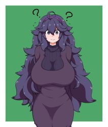 Rule 34 | 1girl, ?, @ @, ahoge, alternate breast size, blush, border, breasts, closed mouth, commentary request, creatures (company), dokuropg, dress, game freak, green background, grey eyes, hair between eyes, hairband, hex maniac (pokemon), huge breasts, light blush, long hair, looking at viewer, messy hair, nintendo, outside border, pokemon, pokemon xy, purple dress, purple hair, purple hairband, smile, solo, very long hair, white border